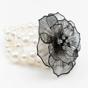 Zara Pearl Black Flower Floral Bracelet Pearlescent Statement Piece Wednesday
